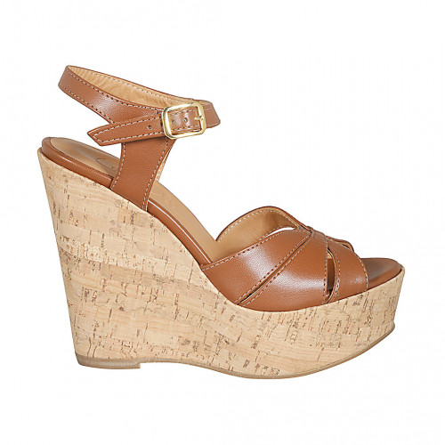 Sandale pour femmes en cuir cognac avec courroie, plateforme et talon compensé 12 - Pointures disponibles:  43