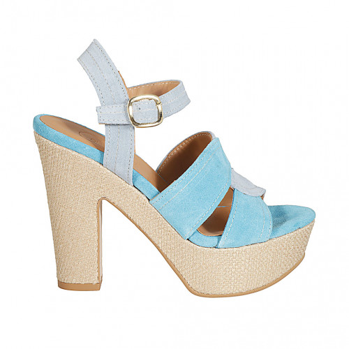 Sandale pour femmes avec courroie et plateforme en daim bleu clair et bleu talon 12 - Pointures disponibles:  43, 44