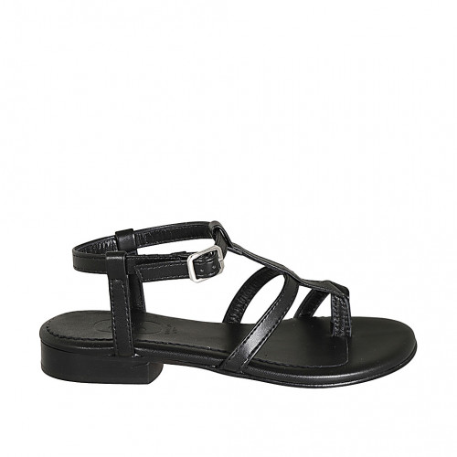 Woman's thong sandal in black leather heel 2 - Available sizes:  32, 44