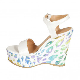 Woman's strap sandal with platform in white laminated leather and multicolored printed wedge heel 12 - Available sizes:  43 2