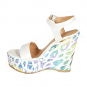 Woman's strap sandal with platform in white laminated leather and multicolored printed wedge heel 12 - Available sizes:  43