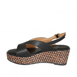 Sandale pour femmes avec plateforme en cuir noir talon compensé 6 - Pointures disponibles:  31, 42 2