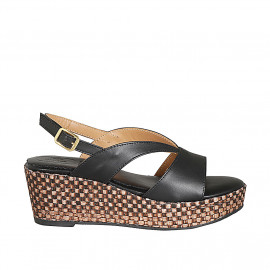 Woman's platform sandal in black leather wedge heel 6 - Available sizes:  31, 42