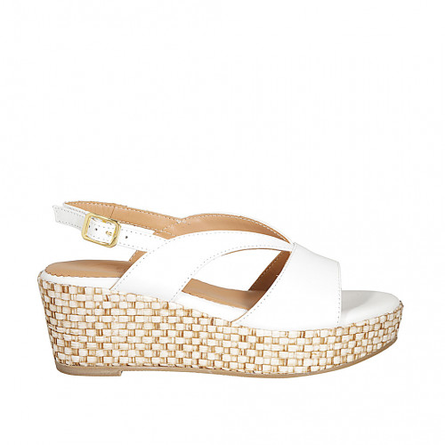 Sandalia para mujer con plataforma en piel blanca cuña 6 - Tallas disponibles:  43, 44
