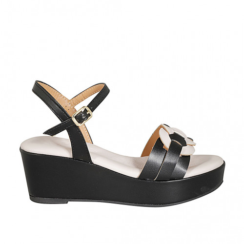 Sandale avec courroie pour femmes en cuir noir et rose talon compensé 6 - Pointures disponibles:  31, 42