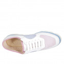 Woman's laced shoe in white leather and light blue and pink suede wedge heel 2 - Available sizes:  34, 42, 43, 44, 45