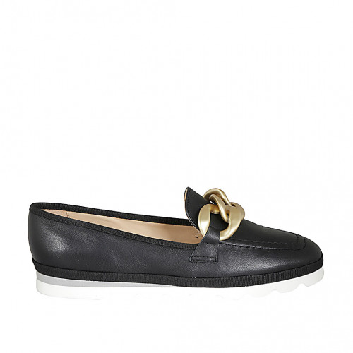 Mocassin pour femmes en cuir noir avec chaîne talon compensé 2 - Pointures disponibles:  43, 44