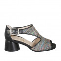 Woman's open shoe with boucle in black leather and multicolored braided fabric heel 5 - Available sizes:  45