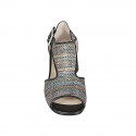 Woman's open shoe with boucle in black leather and multicolored braided fabric heel 5 - Available sizes:  45