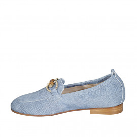 Woman's mocassin with bamboo accessory and elastic band in light blue denim-like suede heel 2 - Available sizes:  33, 42, 44, 45, 46 2