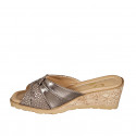 Woman's mule in dark bronze leather and dark bronze suede with printed dots wedge heel 6 - Available sizes:  42