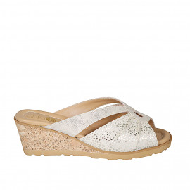 Woman's mule in laminated platinum leather and beige suede with platinum printed dots wedge heel 6 - Available sizes:  43, 44