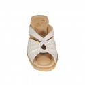 Woman's mule in laminated platinum leather and beige suede with platinum printed dots wedge heel 6 - Available sizes:  43, 44