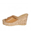 Woman's mules in cognac brown leather platform and wedge heel 9 - Available sizes:  31