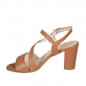 Woman's sandal with elastic band in cognac brown leather heel 8 - Available sizes:  42