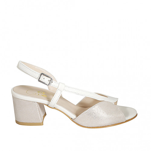 Woman's sandal in white leather and platinum laminated printed suede heel 5 - Available sizes:  32