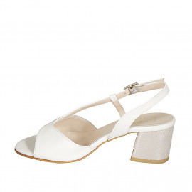 Woman's sandal in white leather and platinum laminated printed suede heel 5 - Available sizes:  32 2
