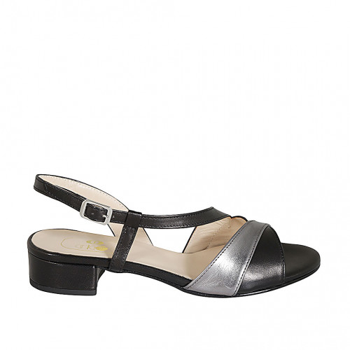 Sandalia para mujer en piel negra y laminada gris tacon 3 - Tallas disponibles:  32, 33, 42