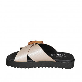 Woman's mules with buckle and crossed straps in laminated light rose leather wedge heel 3 - Available sizes:  42, 43 2
