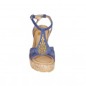 Woman's strap sandal in blue suede with golden studs and platform and wedge heel 9 - Available sizes:  31, 32