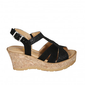 Woman's sandal in black and black printed dots suede with platform and wedge heel 7 - Available sizes:  31