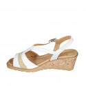Woman's sandal in white leather with glitter platinum fabric wedge heel 5 - Available sizes:  42