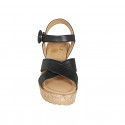 Woman's strap sandal in black leather with crossed straps and platform and wedge heel 7 - Available sizes:  31