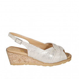 Woman's sandal in beige suede with platinum laminated printing wedge heel 5 - Available sizes:  42