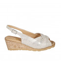 Woman's sandal in beige suede with platinum laminated printing wedge heel 5 - Available sizes:  42