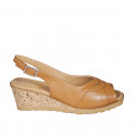 Woman's sandal in cognac brown leather wedge heel 5 - Available sizes:  44
