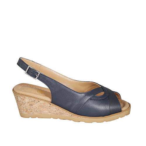 Sandale pour femmes en cuir bleu foncé talon compensé 5 - Pointures disponibles:  44, 45
