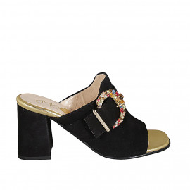 Woman's mules in black suede with buckle in multicolored rhinestones heel 8 - Available sizes:  32