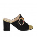 Woman's mules in black suede with buckle in multicolored rhinestones heel 8 - Available sizes:  32