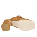 Woman's mules in cognac brown suede with buckle in multicolored rhinestones heel 8 - Available sizes:  32, 34, 43