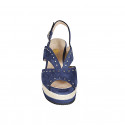 Woman's sandal in blue suede with studs, platform and coated wedge heel 7 - Available sizes:  43, 44