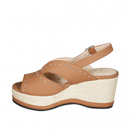 Woman's sandal in cognac leather with studs, platform and coated wedge heel 7 - Available sizes:  42, 43, 44 2