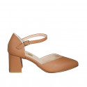 Woman's pointy open shoe with strap in cognac brown leather heel 6 - Available sizes:  42, 43, 44
