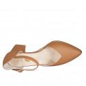 Zapato abierto puntiagudo con cinturon para mujer en piel color cognac tacon 6 - Tallas disponibles:  42, 43, 44