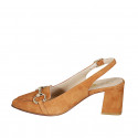 Woman's pointy slingback pump in cognac suede with gold accessory heel 6 - Available sizes:  42