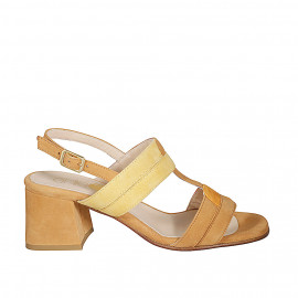 Woman's sandal with double two-toned straps in cognac, yellow and orange suede with heel 6 - Available sizes:  32, 44, 45, 46