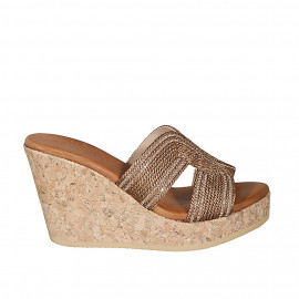 Woman's mules in bronze rope fabric with rhinestones, platform and wedge heel 9 - Available sizes:  42