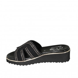 Woman's mules in black rope fabric with rhinestones and wedge heel 4 - Available sizes:  43 2