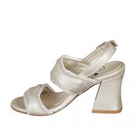 Woman's sandal in platinum laminated leather with rhinestones and heel 7 - Available sizes:  32, 42, 44, 45 2