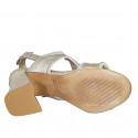 Woman's sandal in platinum laminated leather with rhinestones and heel 7 - Available sizes:  32, 42, 44, 45