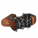 Woman's mule with platform, fringes and studs in black leather, suede and grey raffia heel 12 - Available sizes:  42, 45