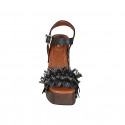 Woman's strap sandal with platform, fringes and studs in black leather, suede and grey raffia heel 12 - Available sizes:  42, 43, 44