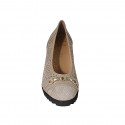 Woman's pump with removable insole and gold accessory in beige leather and beige pierced suede wedge heel 6 - Available sizes:  42, 45
