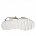 Woman's sandal with velcro strap and stud in white leather and platinum printed leather wedge heel 3 - Available sizes:  32