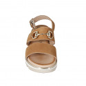 Woman's sandal with accessory in cognac brown leather wedge heel 4 - Available sizes:  42