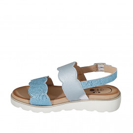 Woman's sandal in sky blue and light blue laminated leather wedge heel 3 - Available sizes:  44 2